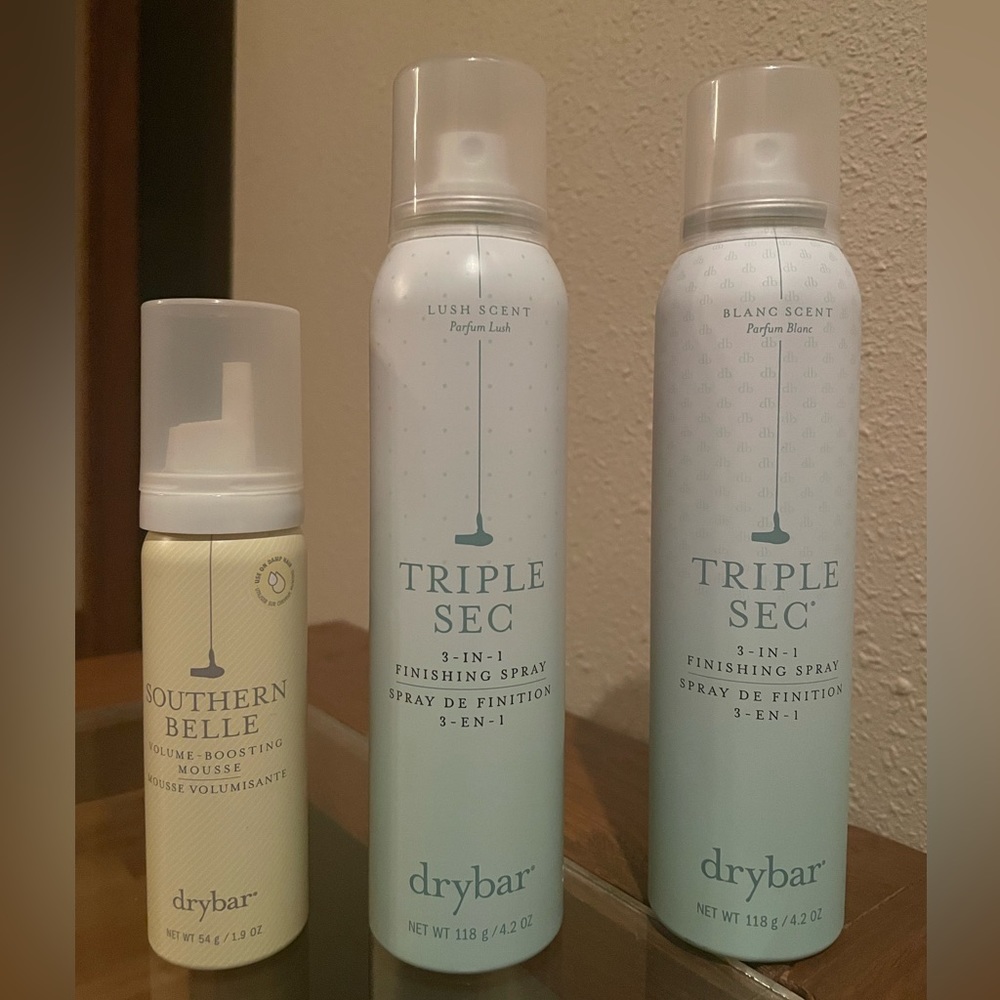 Drybar hair finishing products: Southern Belle mouse and Triple Sec hairsprays.
